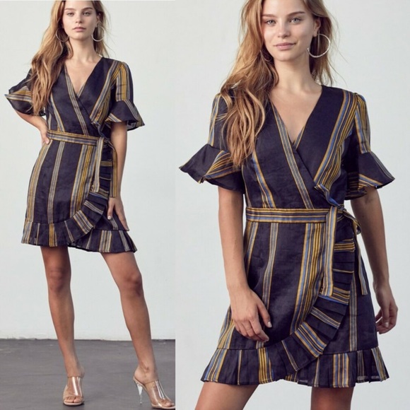 Honey Punch Linen Black Striped Ruffled Mini Wrap Dress Puff Sleeve NWT Boho S - Picture 1 of 16